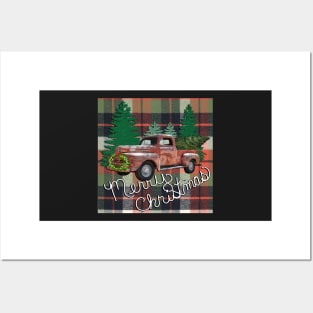 Christmas Red Truck Tree Vintage Traditional Merry Christmas Gifts Posters and Art